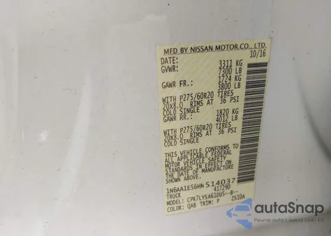 2017 Nissan Titan Platinum Reserve from USA, damaged, VIN 1N6AA1E56HN514037